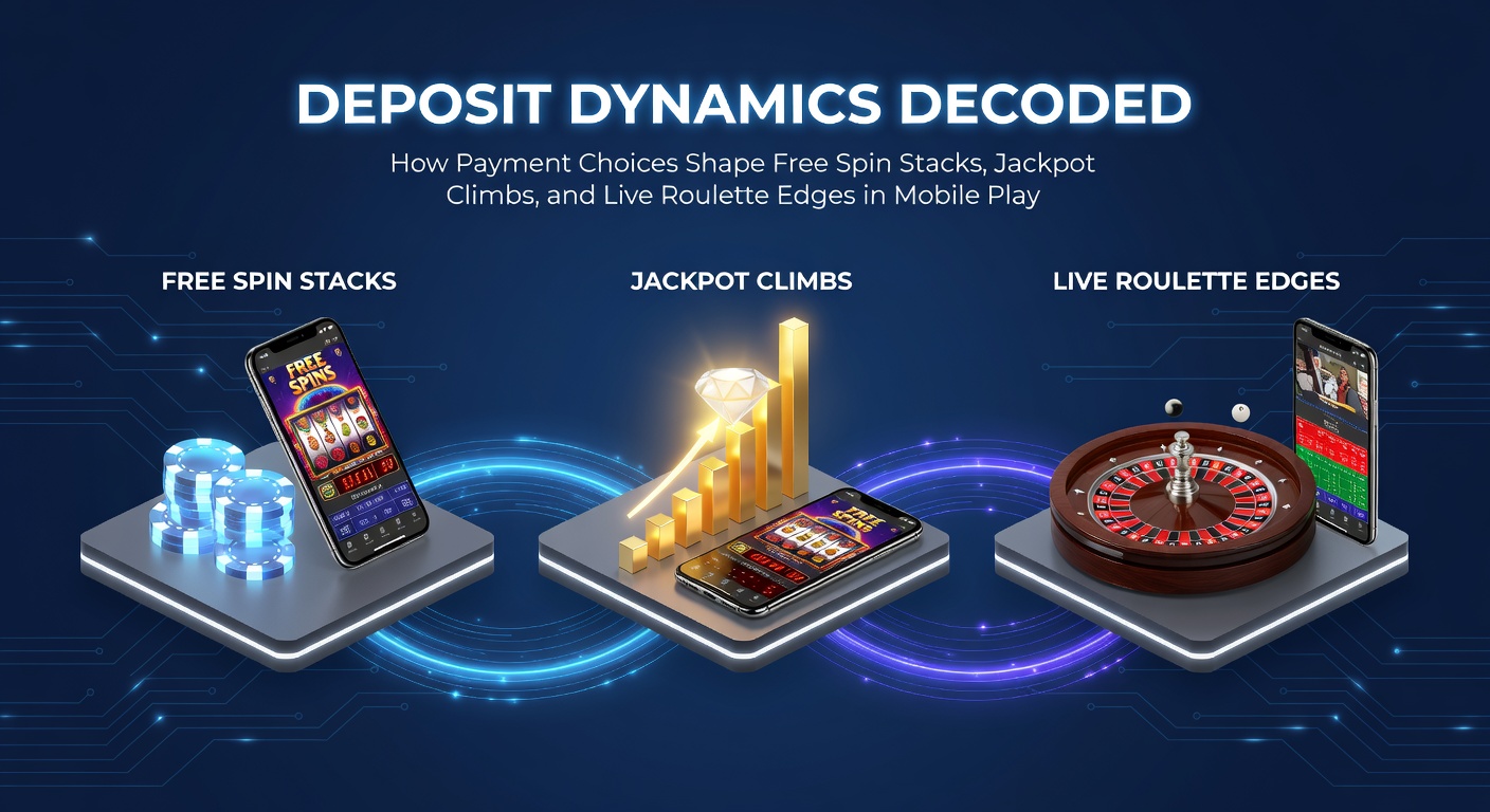 Grafik zeigt mobile Casino-App mit Einzahlungsoptionen und steigenden Freispiel-Stapeln neben einem Jackpot-Meter
