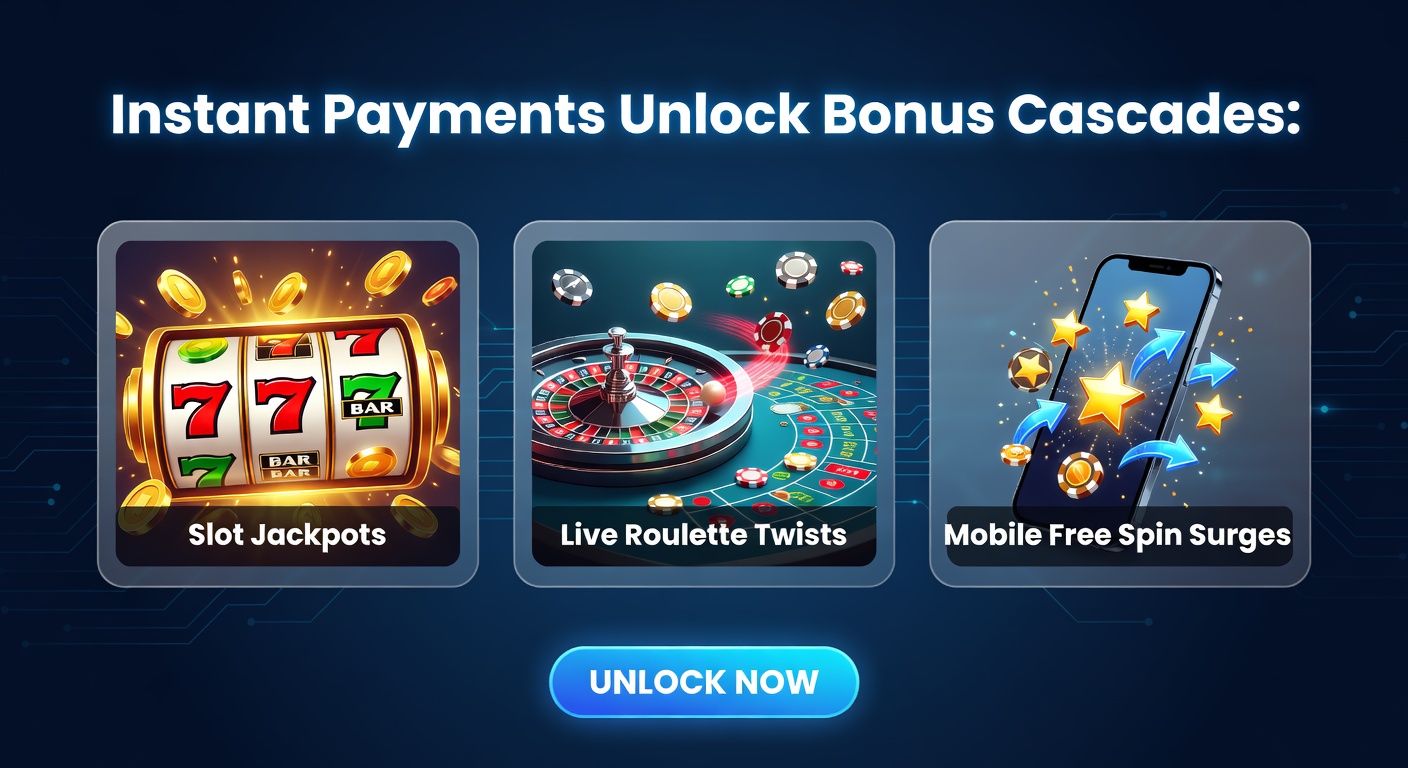 Grafik zeigt explodierende Slot-Jackpots und kaskadierende Boni durch Sofortüberweisungen in einem modernen Online-Casino-Umfeld