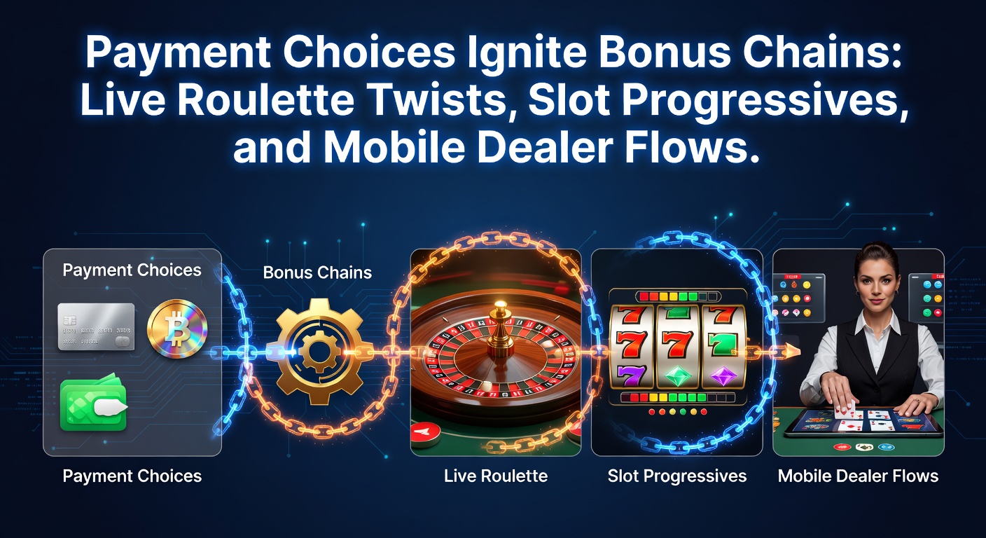 Grafik zeigt bunte Slot-Maschinen mit steigenden Jackpots und Roulette-Tischen mit aktiven Bonus-Ketten, umgeben von Zahlungssymbolen wie Karten und Coins