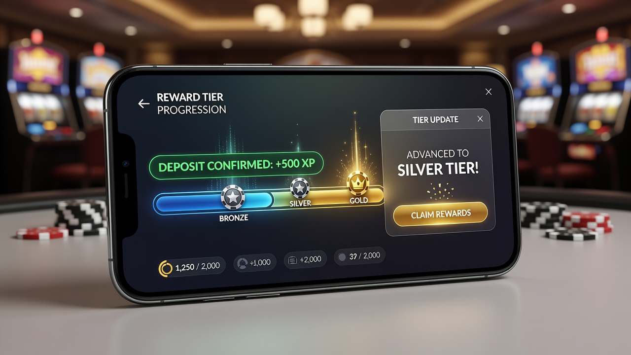 Schnittstelle einer mobilen Casino-App mit synchronisierten Einzahlungs- und Belohnungsanzeigen